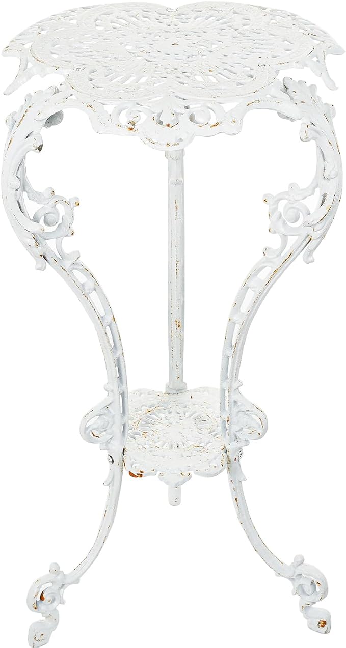 Sungmor Heavy-duty Cast Iron Plant Stand Patio Side Table, 15.3" Wide 27.5" Tall 2-layer Potted Pedestal, Vintage Rust White Planter Holder, Elegant Victorian Style Indoor Outdoor Decorative Pot Stand
