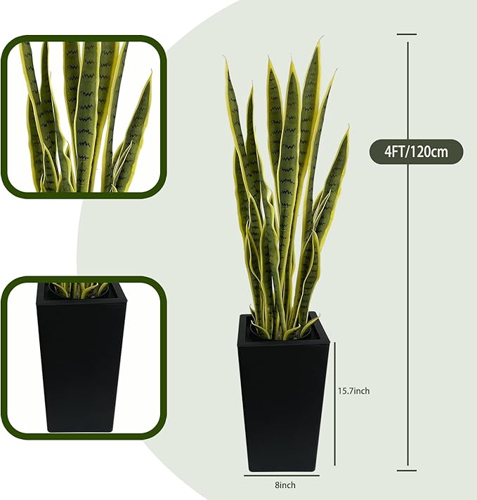 4FT Artificial Snake Plant with Tall Planter, 24 PVC Lifelike Leaves, 48in Faux Sansevieria for Indoor Home & Garden Decor, Potted Mother-in-Law's Tongue Plants, Yellow