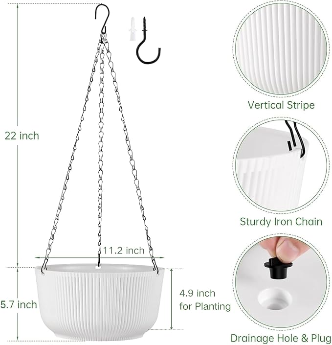 Kvetto Set of 2 White 11.2 Inch Hanging Planters for Indoor Outdoor Plants, Self Watering Hanging Flower Pots with Drainage Hole & Plug
