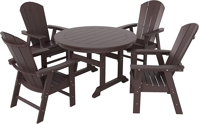 WestinTrends Malibu 5 Piece Adirondack Patio Dining Set, All Weather Poly Lumber Outdoor Table and Chairs Furniture Set, 47" Trestle Round Dining Table and 4 Adirondack Dining Chair, Dark Brown
