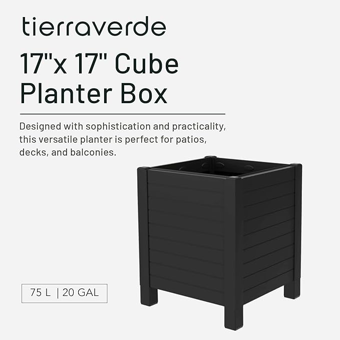 Tierra Verde 17-Inch x 17-Inch Flora Cube Planter Box with Tool-Free Connect System and Crafted from Recycled Materials, for Patios or Decks, Black
