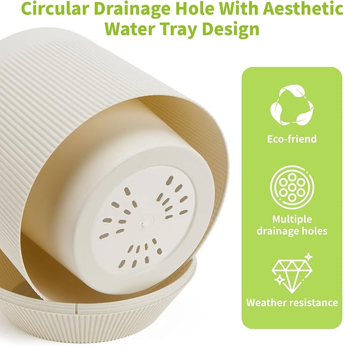 Yaghpy Plant Pots，Set of 3 Plastic Pots for Indoor Plants,Flower Pots Outdoor Planters with Drainage Hole and Seamless Saucer, White,Milky-Yellow,Gray