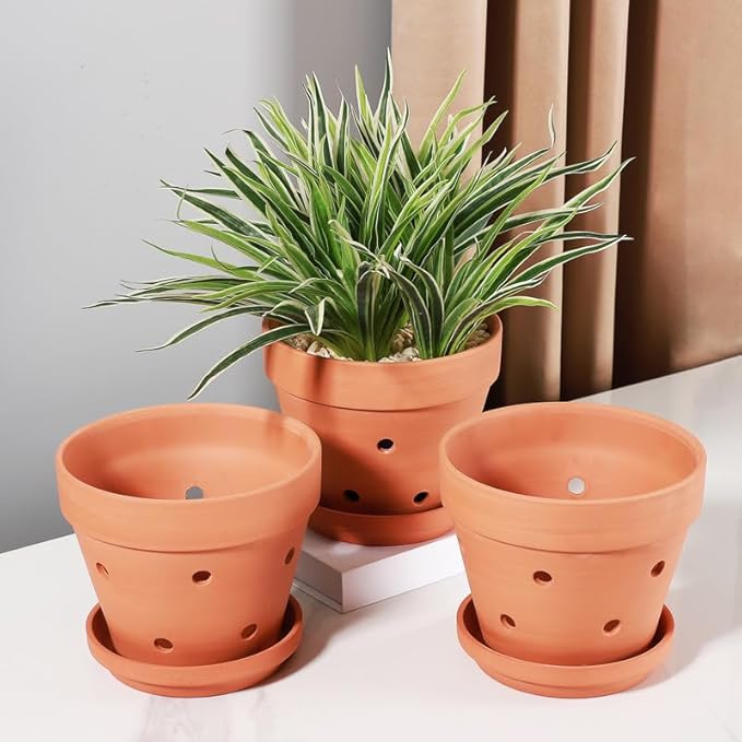 Yishang 8 Inch Clay Orchid Pots with Drainage Holes & Saucers - 3 Pack Large Terracotta Planter for Repotting, Plant Flower Pots for Orchid Indoor & Outdoor, Promotes Air Circulation
