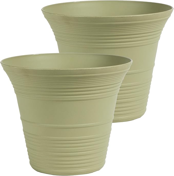 The HC Companies 14 Inch Sedona Round Self Watering Planter Pots, Lightweight UV-Resistant Plastic Indoor & Outdoor Planters, 2-Pack Flower Pots for Garden & Home Decor, Seafoam