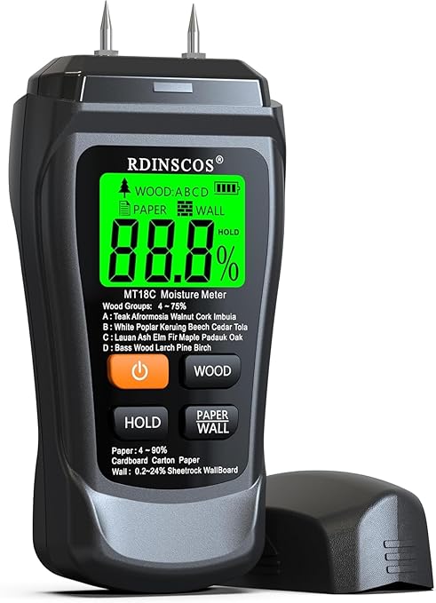 RDINSCOS Moisture Meter for Wood, Drywall, and Building Materials – Digital Moisture Detector with Fixed Pins, 4 Material Modes, LCD Display, for Home Inspection and Firewood Testing