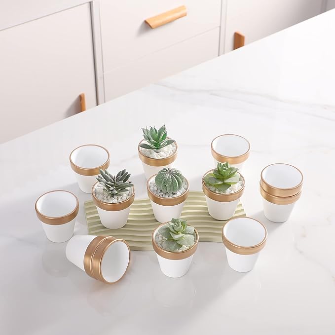 72 PCS Small Mini White&Gold Clay Pots with Drainage Holes,2.5inch Terra Cotta Pot Clay Ceramic Pottery Planter,Succulent Nursery Pot/Cactus Plant Pot,for Indoor/Outdoor Plants, Crafts, Wedding Favor