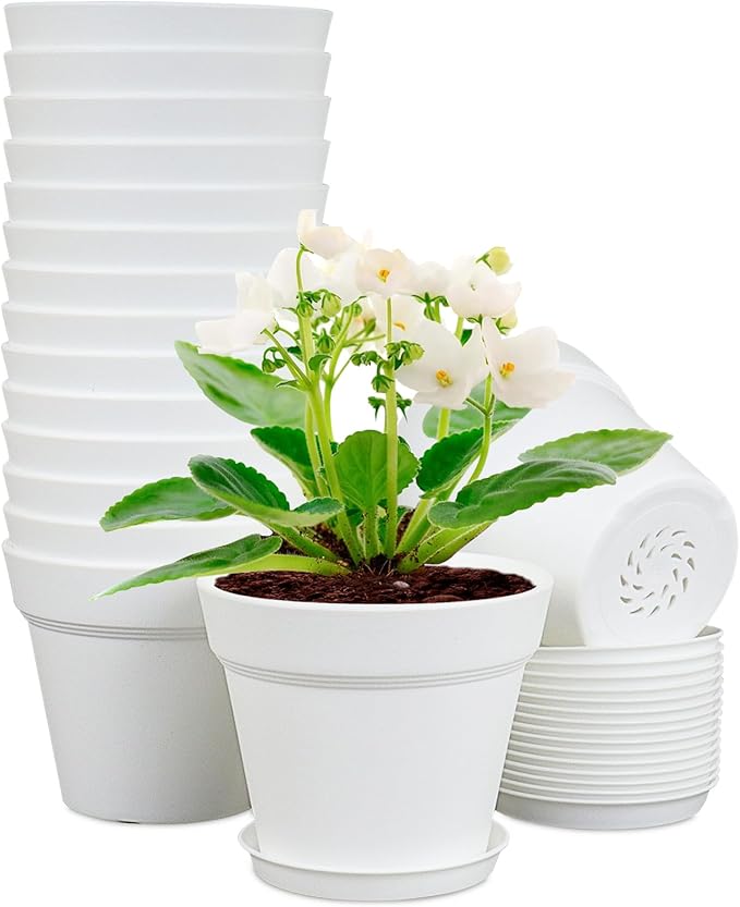 Meowell 4 inch Small Plastic Nursery Pots, 16 Pack Plant Pots for Indoor Outdoor Plants, Flower Pots with Drainage Holes and Saucers, Decorative Seedling Starter Planters for House Plants, White