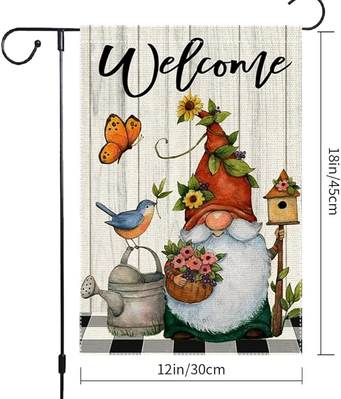 Welcome Spring Summer Garden Flag 12x18 Inch Double Sided Small Burlap Gnome Cardinal Flowers Butterfly Sunflower Buffalo Plaid Garden Flags Home Yard Lawn Holiday Outdoor Decorations