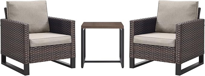 Rilyson Wicker Outdoor Patio Chairs Set - 3 Piece Rattan Patio Furniture Bistro Chairs Set with Waterproof Wicker,Comfortable Cushions and Sturdy Metal Frame for Porch Deck Backyard(Brown/Grey)