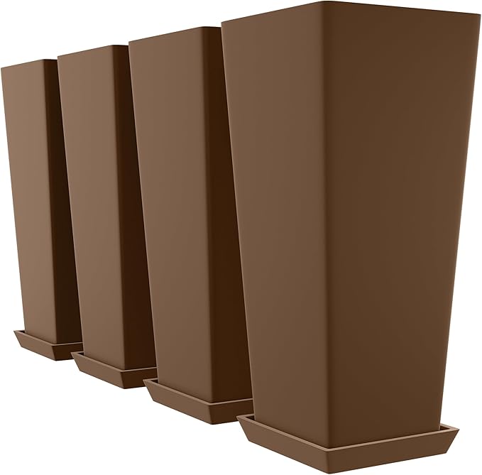 TUYOHW Set of 4 24" Tall Plastic Planters with Trays, Large Tapered Plant Pots for Indoor Outdoor Use, Modern Decorative Planters for Porch, Patio, Garden, and Backyard