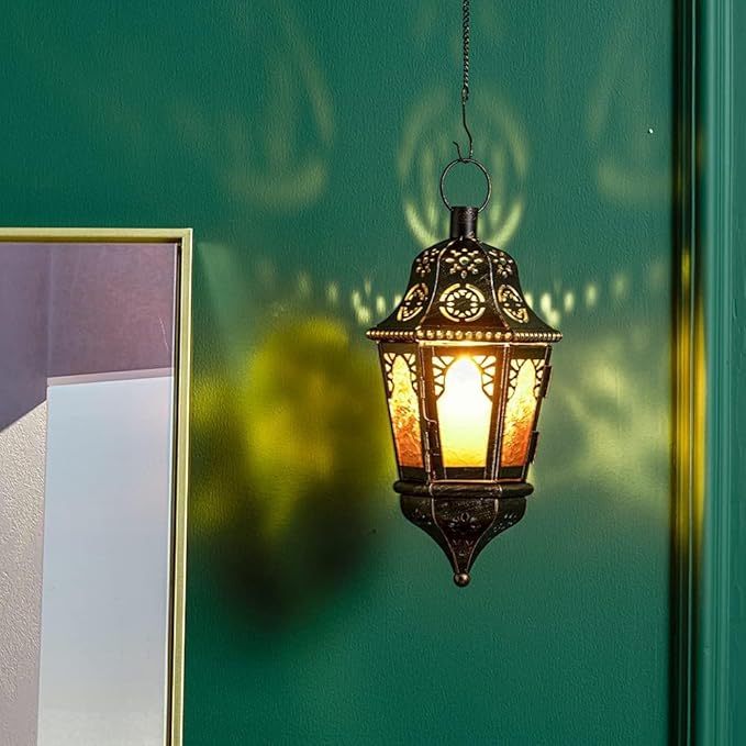 DECORKEY Ramadan Lantern Decorative Indoor & Outdoor, 13.6’’ Vintage Decorative Hanging Lanterns with Chian for Home Porch Patio Decor, Metal Christmas Moroccan Candle Holder Decorations (Amber)