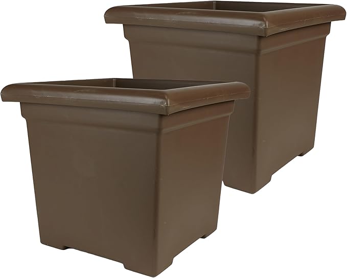 The HC Companies 15.5 Inch Accent Square Plant Pots with Drainage, Lightweight UV-Resistant Plastic Planters for Indoor & Outdoor Plants, 2-Pack Flower Pots for Garden, Office & Home Decor, Chocolate