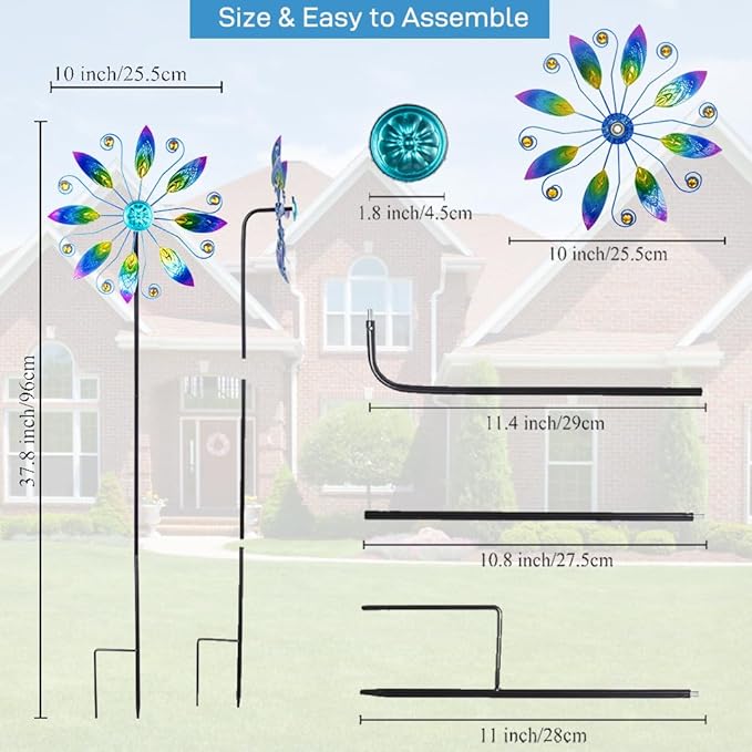 VEWOSTAR Metal Wind Spinners Outdoor 10” Dia Wind Spinners for Yard and Garden Kinetic Windmill Waterproof Wind Sculptures & Spinners for Patio Lawn Decor(37.8” H)