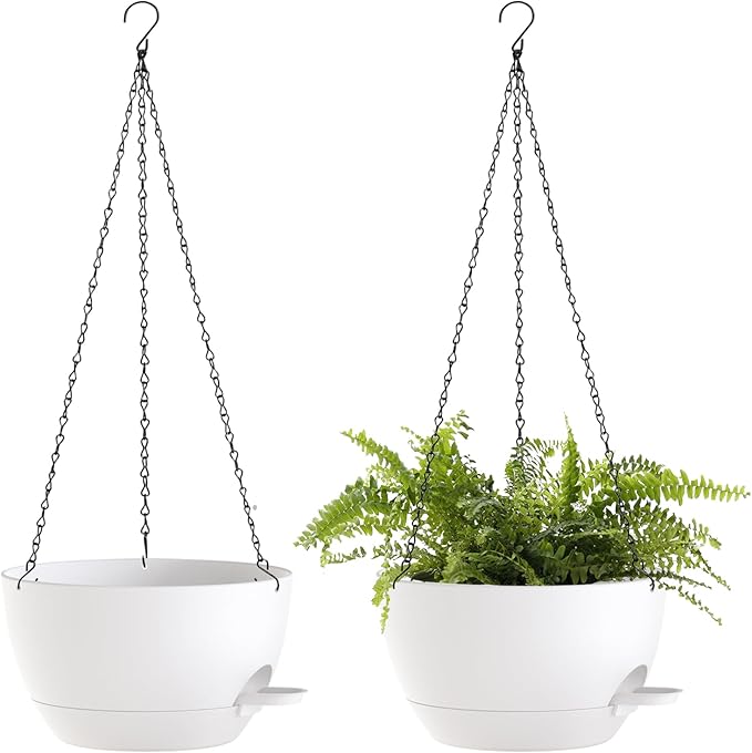 SQKH 10 Inch Hanging Baskets 2 PC with Chains, Self-Watering Hanging Planters for Indoor Outdoor Plants, Plastic Hanging Flower Pots,White