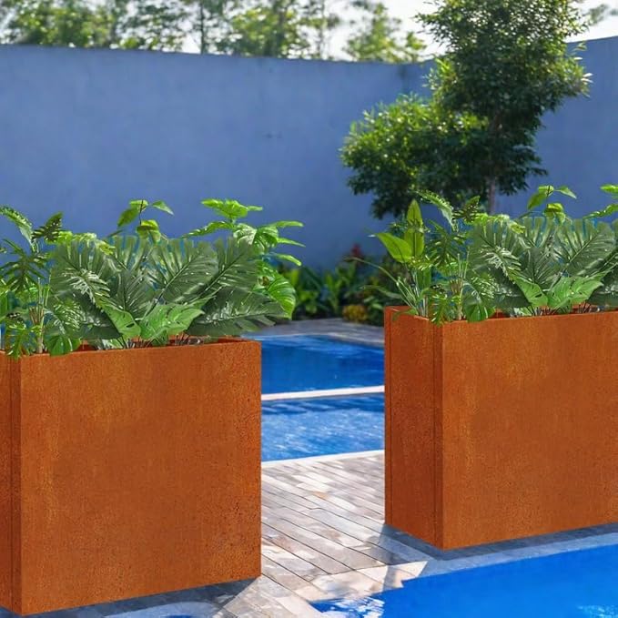 Megawodar Metal Tall Long Planter Box Large Rectangular Planter Flower Pot with Drainage Holes for Indoor Outdoor Deck Porch Garden Home Patio Front Door (Rusty Orange, M)