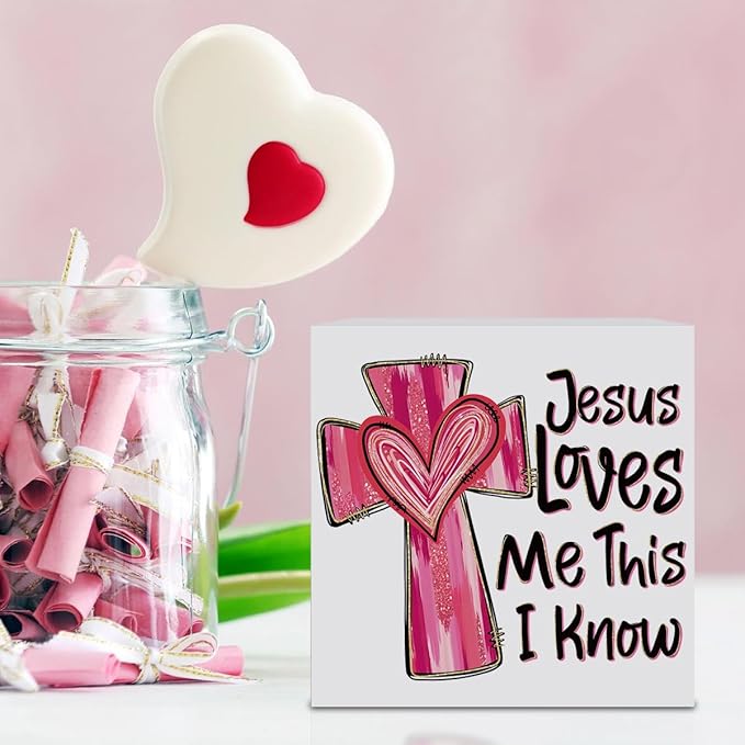 Valentines Day Decorations, Valentines Day Gifts for Her Him, Gift for Boyfriend Girlfriend, Pink Heart Cross Jesus Bible Verse Anniversary Christian Wooden Box Sign Wife Home Office Desk Decor