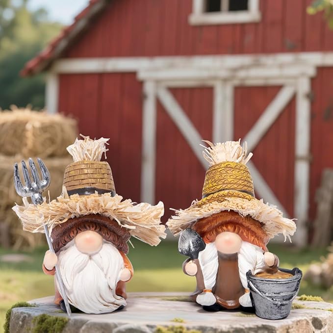 Hodao Farmer Gnomes Figurines — Rustic Resin with Straw Hats & Farm Tools, Hand-Painted Farmhouse Decor & Gift for Gardeners, Home, Porch(Orange)