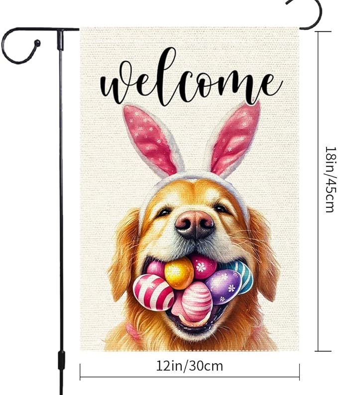 Welcome Easter Garden Flag Dog Spring Seasonal Eggs Sign Yard Holiday Outdoor 12x18 Inch Small Burlap Double Sided flags Decorations