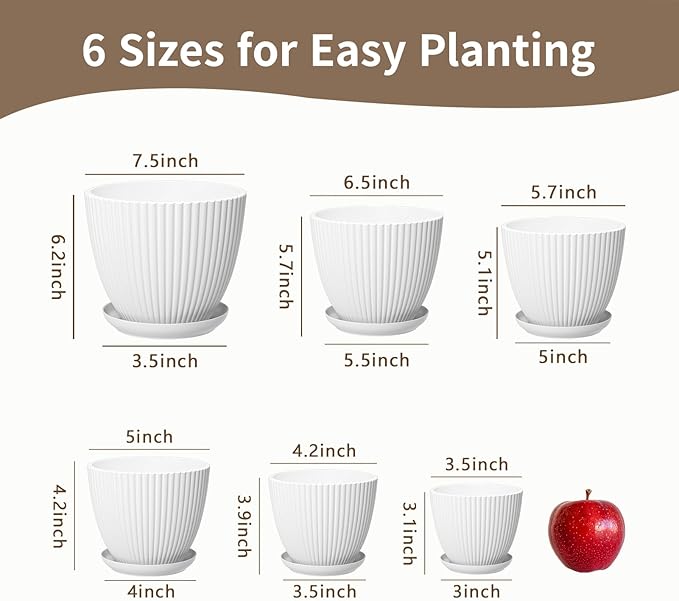 LASZOLA White Plant Pot Plastic Planter with Drainage Holes and Saucer Tray for Indoor Flower, Medium to Small 7.5/6.5/5.5/4.9/4.2/3.5 Inch, Modern House Decorative Gardening Round Pot, Set of 6