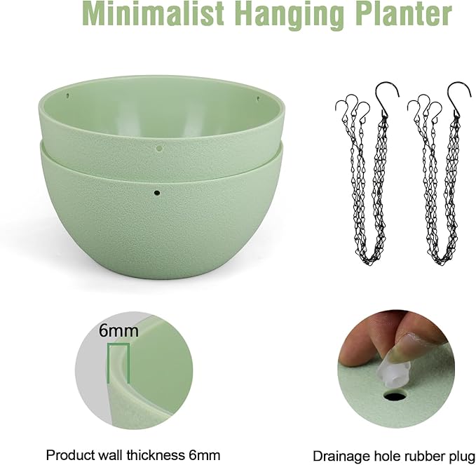Meowell 8 inch Small Hanging Planters Plant Pots for Indoor Outdoor Plants, 2 Pack Hanging Flower Pots with Drainage Holes and Chain for Garden Porch, Plastic Hanging Baskets for House Plants, Green