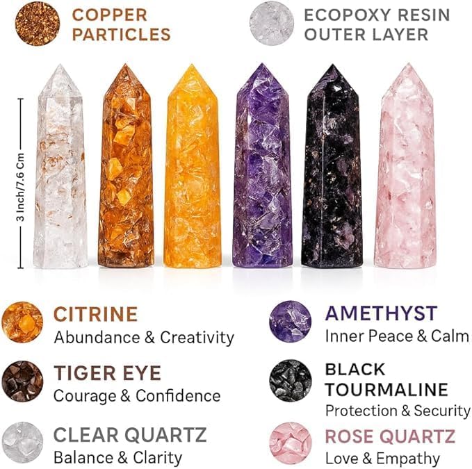 ANAYA AGATE Healing Crystal Wand Set of 6 Orgonite 3.5 Inch Gemstone Towers – Amethyst, Rose Quartz, Citrine, Clear Quartz, Tiger Eye, Black Tourmaline Necklace ChristmasGift Set