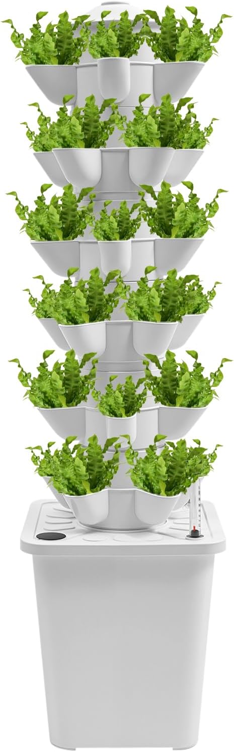 6-Tier Hydroponic Grow Tower Kit, 30 Holes Planting Sites Indoor Garden System with Water Pump, Self-Watering Vertical Gardening Kit for Lettuce, Herbs, Strawberries, Vegetables, Flowers, White