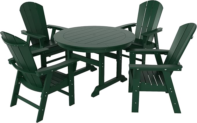 WestinTrends Malibu 5 Piece Adirondack Outdoor Dining Set, All Weather Poly Lumber Patio Table and Chairs Furniture Set, 43" Trestle Square Dining Table and 4 Adirondack Dining Chair, Dark Green
