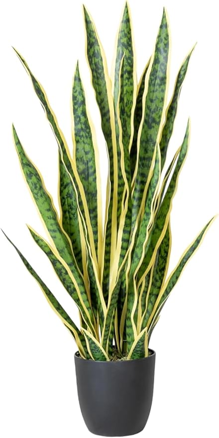 Fake Snake Plant, 35" Fake Potted Plants with Black Pot Realistic Artificial for Home Decor, Low Maintenance No Watering Needed Faux Plants for Desk Corner Office & Pet Areas(Yellow-35in)