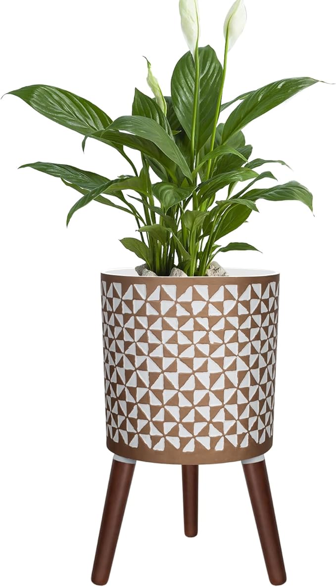 Opnons 12 Inches Plant Pot with Stand, Large Modern Standing Planters for Indoor Outdoor Plants with Drainage Holes, Big White & Gold Flower Pots with Legs