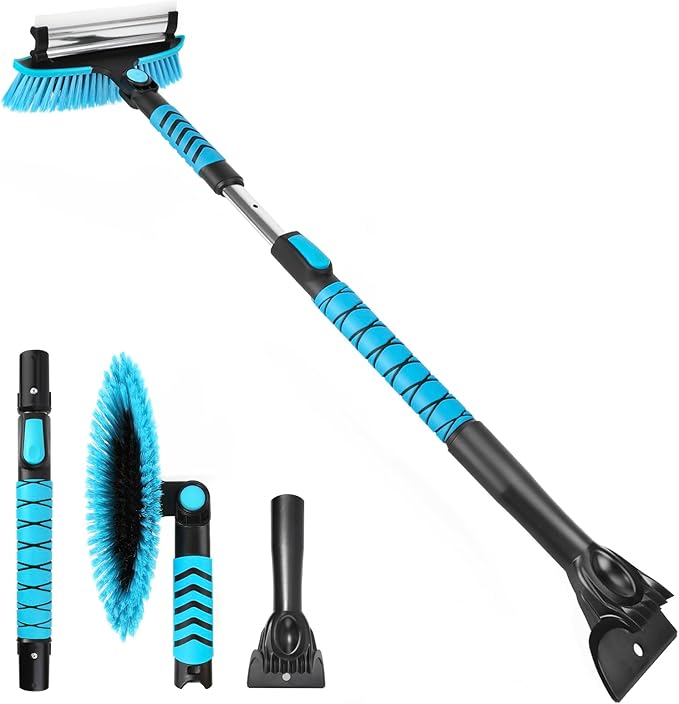 Yougfin Windshield Ice Scraper Car Brush for Snow 43 inch, 3 in 1 Detachable Snow Scraper with Squeegee, 180° Pivoting Brush Head, Foam Grip, Extendable Snow Removal for Auto Truck SUV Van