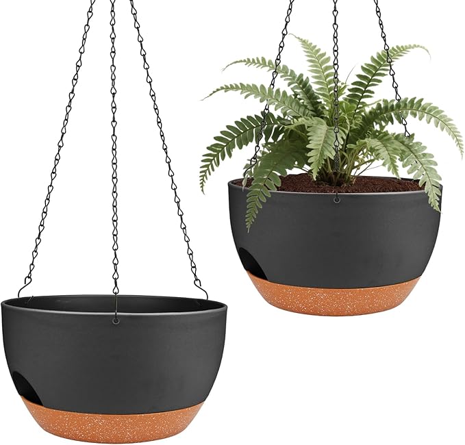 Lucieblessdesign Hanging Planters for Outdoor Indoor Plants, 2 Pack 10 Inch Hanging Basket Plants Outdoor, Self Watering Hanging Planter with Plant Hanger for Garden Home Decoration (Black, 10 inch)