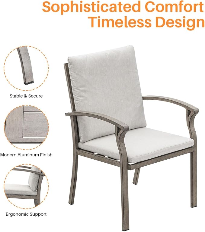 Outdoor Dining Chairs Set of 2, High Backrest Patio Chairs Set with Thick Cushion, All Weather Aluminum Patio Dining Chairs, Patio Furniture Set for Garden, Backyard, Deck, Pool, Limed Oak