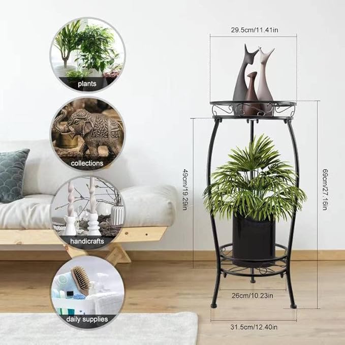 Tall Plant Stand Indoor Outdoor, 2Tier Metal Potted Flower Pot Stand, Heavy Duty Iron Planter Shelves Rack Anti-rust, 27" (Black)