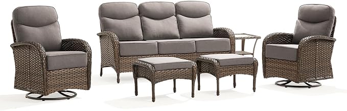 Outdoor Swivel Rocking Chair Patio Set (6-Piece), High-Back - Thick Cushion Swivel Rocking Chair Patio Set, All-Weather Wicker Patio Furniture Set, Suitable for Balcony Patios, Brown/Gery