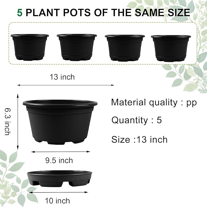 KPUVX Outdoor Flower Pots 5 Packs 13 inch pots for Plants Modern Decorative Garden Pot with Saucer, Lightweight Large Resin Planters for Indoor Plants,Decorative Resin Plant pots
