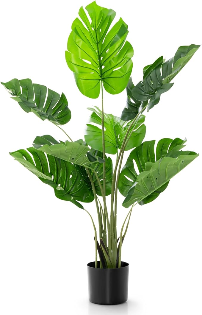 4FT Fake Monstera Deliciosa Plants, Faux Monstera Plant w/15 Turtle Leaves, Cement-Filled Plastic Pot, 60 Inch Fake Plant for Indoor Home Office Living Room Decoration