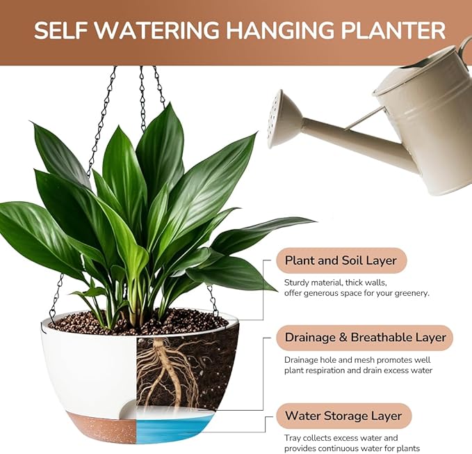 LESOASIS Hanging Planter for Indoor Plants, 10 Inch Self-Watering Hanging Planters with Drainage Holes and Chain, Set of 2 Outdoor Hanging Pots for Garden Home