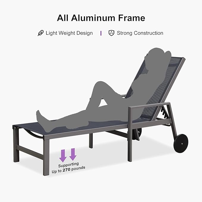 PURPLE LEAF Outdoor Chaise Lounge Set for 2 Aluminum Patio Chaise Lounger Chairs with Armrest and Wheels Adjustable Pool Chaise Lounge Chair for Beach Yard Poolside Table Included, Navy Blue