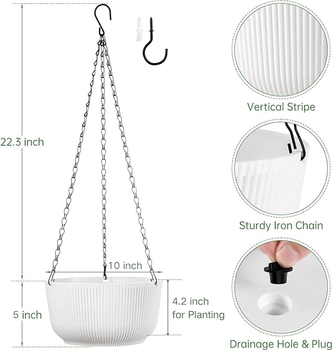 Kvetto Set of 2 White 10 Inch Hanging Planters for Indoor Outdoor Plants, Self Watering Hanging Flower Pots with Drainage Hole & Plug