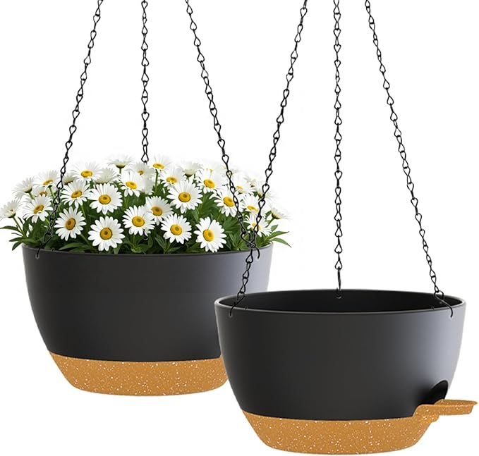 zople 10 Inch Hanging Planters with Chains 2 Pack Self Watering Black Brown Plastic Hanging Pots for Indoor Outdoor Plants, Garden Porch Home Decor (Black Brown)