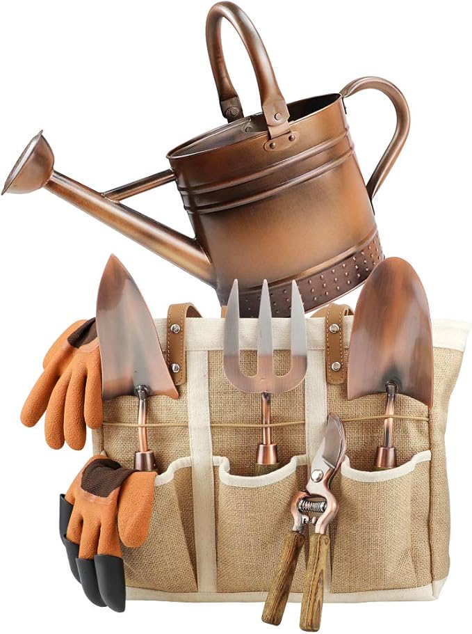Megawodar 1 Gallon Galvanized Steel Watering Can with 3 Pcs of Garden Tools, 1 Pc of Pruning Shear, 1 Pair of Gardening Gloves，1 Pc of Garden Tools Organizer Tote