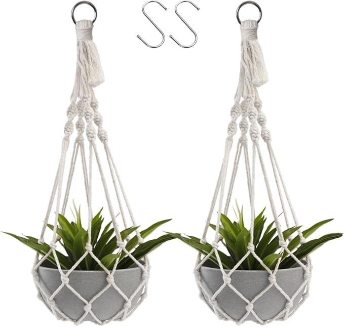 Artilady Macrame Plant Hanger Large Hanging Planter for Indoor Plants Holder White Cotton Rope Hanging Plant Basket Handmade Outdoor Window Boho Plant Wall Decor (White Macrame)
