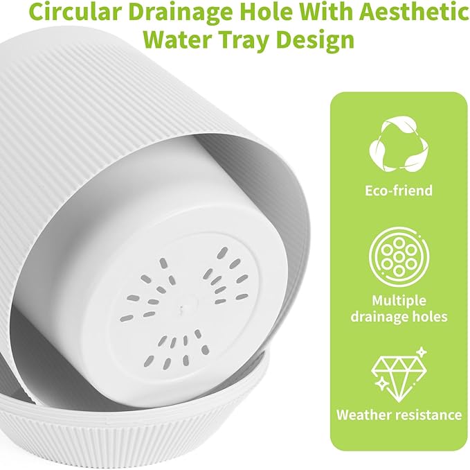 Yaghpy Plant Pots，Set of 3 Plastic Pots for Indoor Plants,Flower Pots Outdoor Planters with Drainage Hole and Seamless Saucer,White