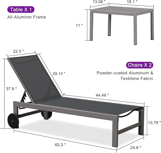 PURPLE LEAF Outdoor Lounge Chair Set for 2 Patio Chaise Lounger with Aluminum Frame and Wheels All-Weather Pool Lounge Chairs for Outside Garden Yard Poolside Table Included, Grey