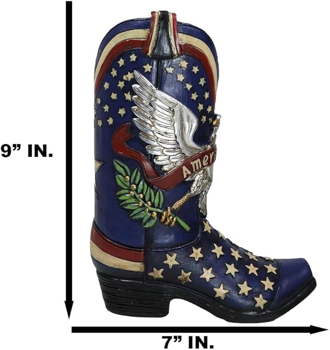 Ebros Gift Rustic Country Patriotic Blue USA Flag Western Stars American Hero USA Eagle Great Seal Crest Cowboy Boot Decorative Flower Bouquet Vase Or Planter Figurine 9" High