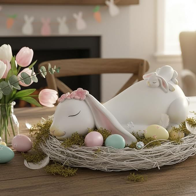 7-inch White Bunny Statue - Resin Mother & Child Rabbit Figurine with Big Heart, Easter Table Decor for Dining Room & Home, Vintage Family Ornament