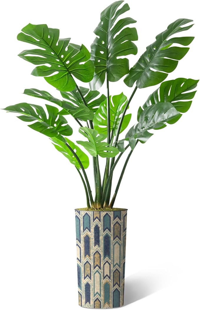 Artificial Tree in Modern Polygon Pattern Effect Planter, Fake Monstera Silk Tree for Indoor and Outdoor Home Decoration - 65" Overall Tall (Plant Pot Plus Tree)
