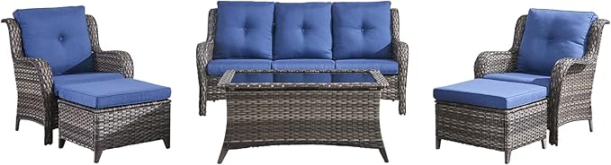 HUMMUH Outdoor Furniture 6 Pieces Patio Furniture Set Wicker Outdoor Sectional Sofa with 2 Patio Chairs,Ottomans,Coffee Table(Grey/Blue)