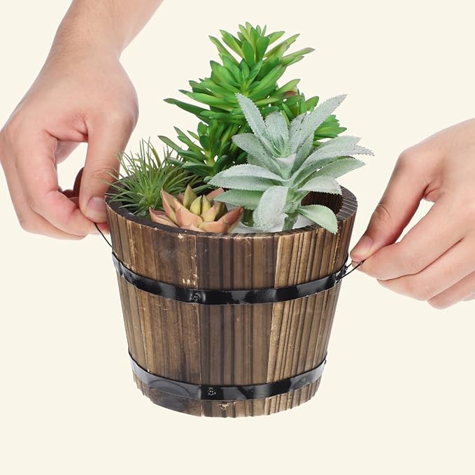 Wooden Round Barrel Planter Flower Pot for Succulents with Permeable Bottom 7.08X7.08X5.9 Inches Indoor Outdoor Home Office Garden D Cor