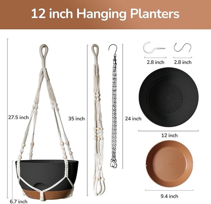 LESOASIS 12 Inch Hanging Baskets for Plants Outdoor, Hanging Planters for Indoor Outdoor Plants, Hanging Planter with Self Watering, Hanging Flower Pots (Black Planter with Macrame + Iron Hangers)